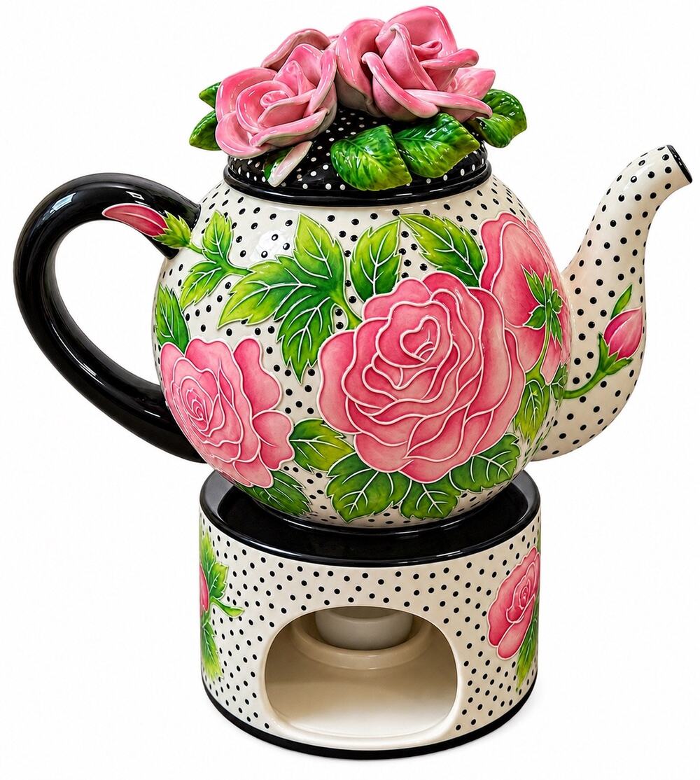 J McCall Blue Sky 2004 Floral Rose Polka Dot Teapot Tea Warmer Set Vintage